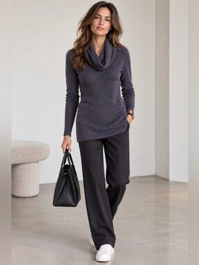 Barrow & Grove 100% Cashmere Cowl Neck Tunic Sweater Purple Charcoal XS
